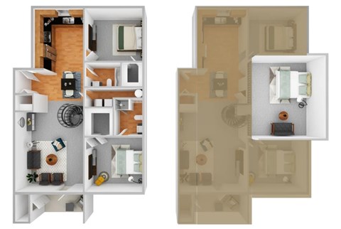 A floor plan of a two-story apartment with a living room, kitchen, and bedrooms.